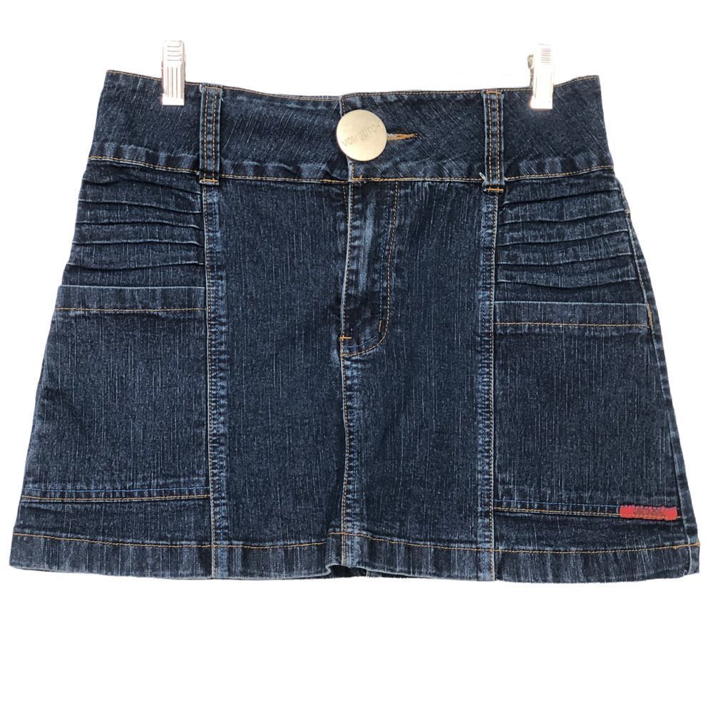 VINTAGE 90s VON DUTCH Size 15/16 DENIM MINI SKIRT BIG BRANDED BUTTON A-LINE RARE